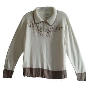 Jenny Sweater Womens Large Off White Grannycore Floral Embroidered Beads
